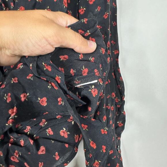 2/$30 ZARA Ruffle Button Down Blouse Rose Print Black Large #8185 - Picture 7 of 10